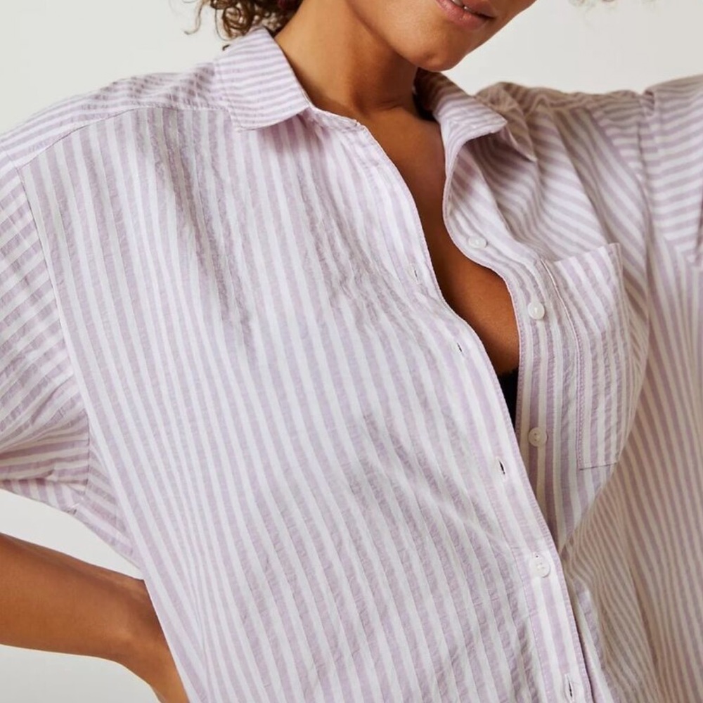 Anthropologie Long Line Striped Button Front Tunic Shirt Purple